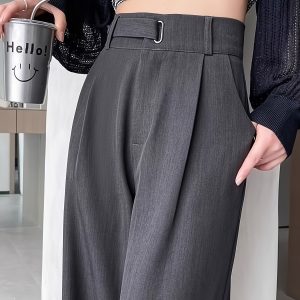 2025 New Summer Black High-End Suit Pants for Women, Spring Summer Autumn High-Waisted Draped Straight-Leg Slim Wide-Leg Pants, Beltless, Essential Versatile Office Wear