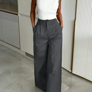 Fashionable Casual Wide-Leg Trousers with Pockets and Zipper Design | Solid Color, Suitable for Springu002FFall
