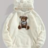 Men’S Cartoon Bear Double-Sided Fleece Long Sleeve Hoodie, Casual Pullover with Fun Ear Design, Kangaroo Pocket, Plush Texture, Perfect for Autumn and Winter, Ideal Gift