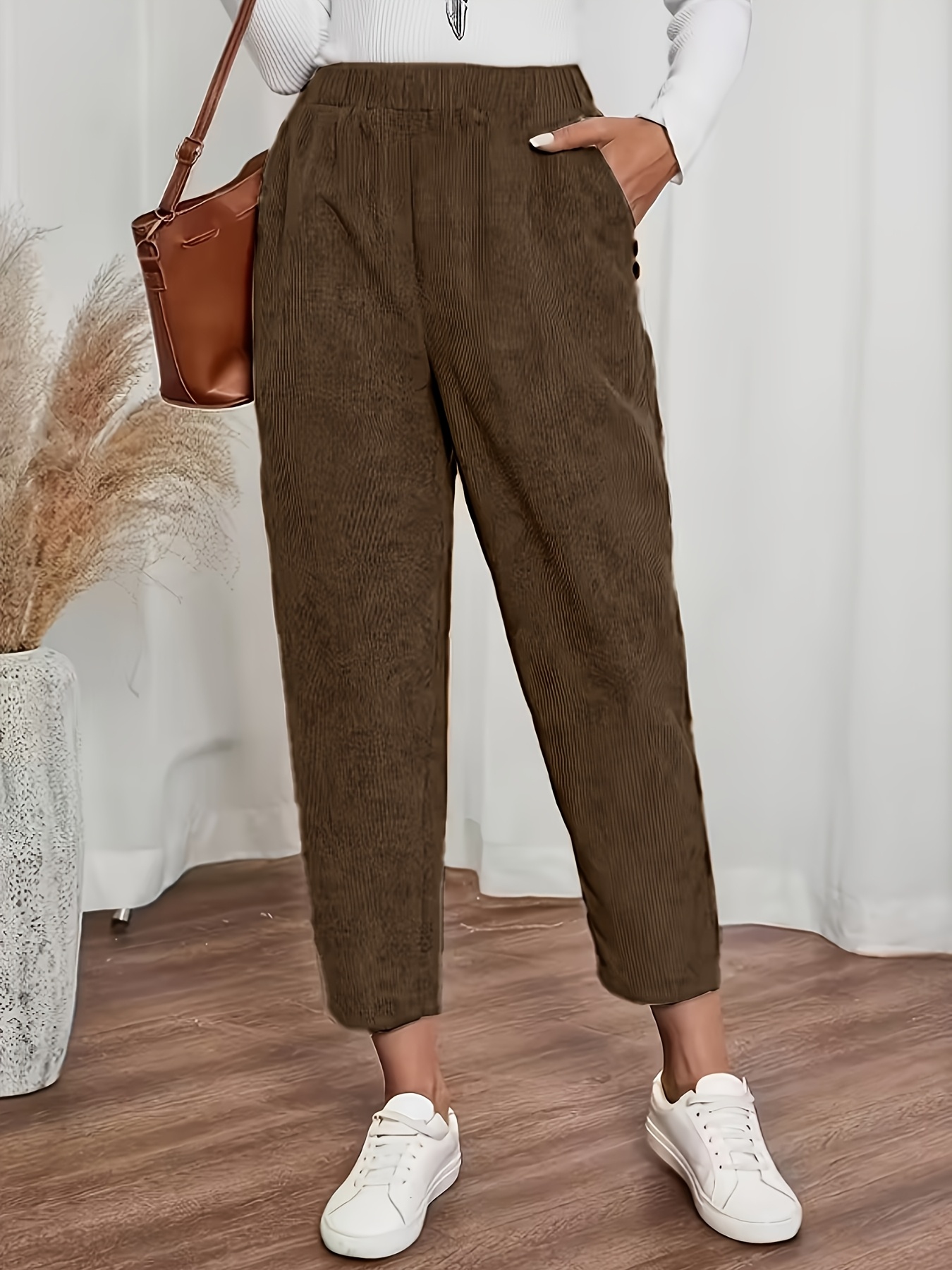 Elegant Navy Blue Wide-Leg Jogger Pants | Elastic Waist, Button Closure, Cropped Length, Suitable for Casual or Formal Occasions, Machine Washable