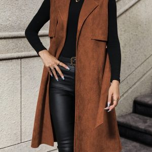 Plus Size, Plus-size Women's Vest Coat, Elegant Commuting Suede Blazer with High Lapel, Mid-length with Belt, Warm and Windproof, Easy to Match