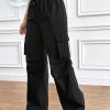 Women’s Cargo Pants with Multi-Pocket Design, Wide-Leg Trousers & Elastic Drawstring Waist – Heavy-Duty Workwear-Style Pants for Outdoor, Casual, or Professional Wear (Black) – Belt Loops & Long Length (No Stretch Fabric)