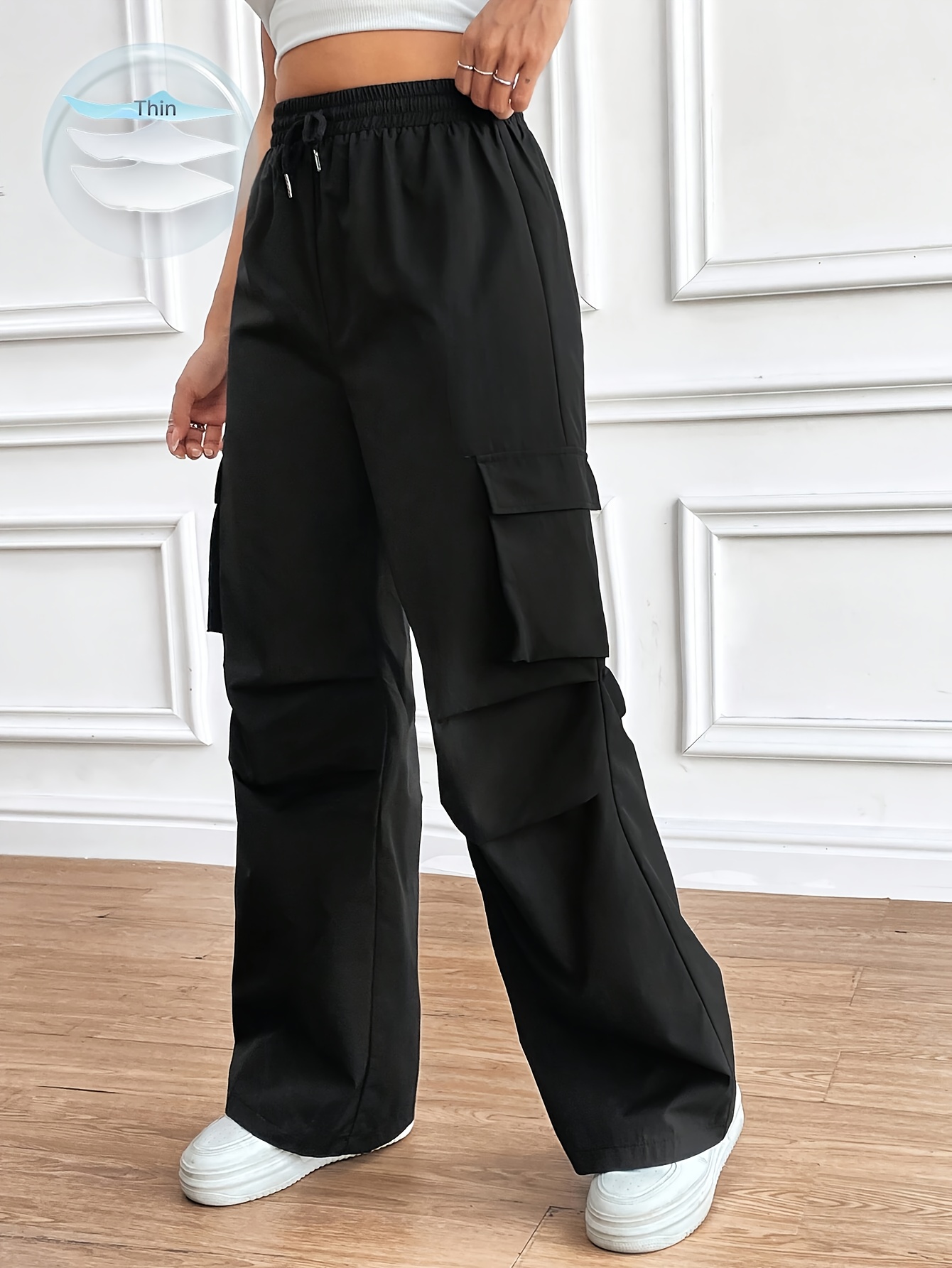 Women's Cargo Pants with Multi-Pocket Design, Wide-Leg Trousers & Elastic Drawstring Waist - Heavy-Duty Workwear-Style Pants for Outdoor, Casual, or Professional Wear (Black) - Belt Loops & Long Length (No Stretch Fabric)