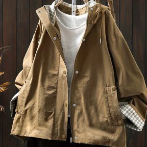 Plus Size - Women'S Workwear Hooded Jacket - u002F Brown - Non-Stretchy Fabric, Loose Fit Coat with Front Pockets - All-Season Casual Outerwear for Everyday &