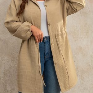 Plus Size, Elegant Women's Trench Coat with Front Button and Drawstring, Suitable for Stylish Daily Streetwear, Long Sleeves, Perfect for Autumn and Winter