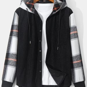 Men's Casual Random Pattern Plaid Corduroy Hooded Shirt Long Sleeve Button Pocket Spring Autumn Outing Pullover