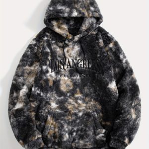 1pc Tie-Dye Double-Sided Plush Letter Embroidery Fashion Casual Sports Hooded Sweatshirt, Men's Casual Sportswear, Men's Sweatshirt Hoodie