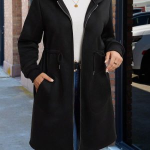 Plus Size, Plus Size Women's Autumn-Winter Warm Jacket with Zipper, Drawstring Waist, and Pockets