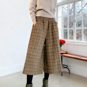 Women's Winter Warm Wide-Leg Tweed Pants with Elastic Waist - Checkeredu002FPlaid (Suitable for both) - Loose-Fit Long Full-Length Trousers for Casual & Elegant Outfits, Horseback Riding, Country Wear - Machine Washable Pants