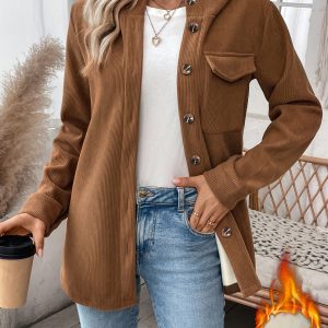 Plus Size - Plus Size Women'S Warm Fleece-Lined Vintage Versatile Long Sleeve Jacket | Hooded, Single-Breasted with Front Pockets, Elegant Solid Color, Non-Stretch Fabric, Ideal for Parties, Social Events, and Casual Wear