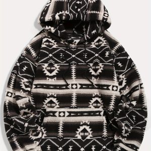 Ethnic Style Geometric Pattern, Men's Loose Polar Fleece Hoodie For Winter & Fall, Hooded Sweatshirt With Drawstring And Kangaroo Pocket