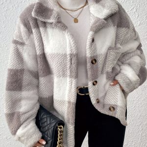 Plus Size - Plus-Size Women'S Long-Sleeve Checkered Jacket, Casual Outerwear for Autumn And Winter, Warm And Stylish.