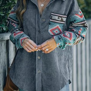 Plus Size, Aztec Pattern Sleeve Corduroy Plus Size Women's Coat