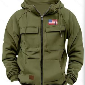 Men's Long Sleeve Zip-Up Hooded Sweatshirt with Multiple Pockets, American Flag and Statue of Liberty Print, Fashionable Outdoor Sport Jacket for Autumn, Winter, and Spring