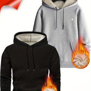 Men'S Heavy-Duty Thermal Hooded Sweatshirt - Winter Warmth with Thickened Insulation, Hooded Pullover Sweater for Cold Weather, Machine Washable - Ideal For Everyday & Formal Wear, Winter Clothes, Cold Weather Apparel, Durable Fabric