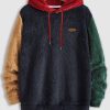 Hot Men’s Hooded Sweatshirt, Thickened Flannel Multi-Color Patchwork Warm Jacket, Loose Soft Hooded Top