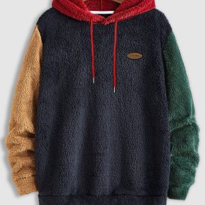 Hot Men's Hooded Sweatshirt, Thickened Flannel Multi-Color Patchwork Warm Jacket, Loose Soft Hooded Top