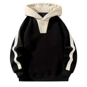 1pc Men's Casual Hooded Button-Up Collar Sweatshirt - Navy & Contrast Trim, Regular Fit, Machine Washable, Springu002FFall Transitional Wear for Casual & Commute