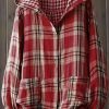 Plus Size – Plus Size – Plus Size Women’S Casual Retro Double-Layer Plaid Hooded Button-Up Cardigan – Long Sleeve, Pockets, Red & Checkered Pattern, Lightweight Non-Stretch Fabric for Spring Summer Fall, Spring Outerwear, Classic Collar Design