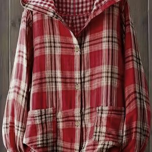 Plus Size - Plus Size - Plus Size Women'S Casual Retro Double-Layer Plaid Hooded Button-Up Cardigan - Long Sleeve, Pockets, Red & Checkered Pattern, Lightweight Non-Stretch Fabric for Spring Summer Fall, Spring Outerwear, Classic Collar Design