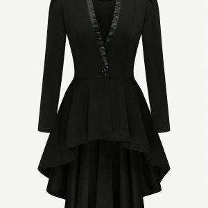 Plus Size - Elegant Plus-Size Women'S Fashion Irregular Large V-Neck Pleated Lace Long-Sleeve Coat for Daily Commuting.