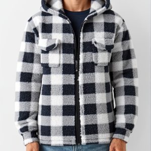 1pc Men'S Double-Sided Plush Plaid Zip-Up Hoodie - Casual Loose Fit, Long Sleeve, Black & White Checkered Pattern, Front Pocket, Zipper Closure, Soft Flannel Fabric, Perfect for Fall & Winter, Autumn Casual Wear | Checkered Pattern Hoodie | Soft Flannel Hoodie