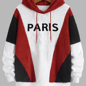 Men's Hooded Sweatshirt with Letter Embroidery, Plush Chunky-Knit Color Block Patchwork Thickened Warm Coat Loose Fit Winter Cold Weather Trend Men Outfit Top