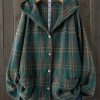 Plus Size – Plus-Size Women’S Stylish Plaid Striped Hooded Coat Featuring Pockets, a Tie, And Button Design.