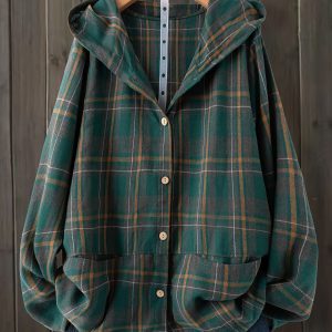 Plus Size - Plus-Size Women'S Stylish Plaid Striped Hooded Coat Featuring Pockets, a Tie, And Button Design.