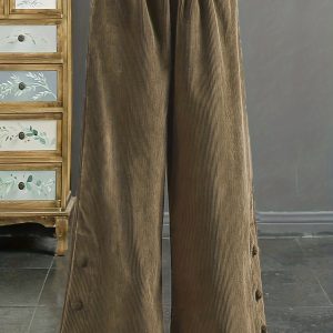 Casual Corduroy Wide Leg Pants with Elastic Waist and Pockets | Button Details at Hem, Long Length, Solid Color for Fallu002FWinter