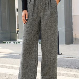 DIQIUVY Women's Winter Tweed Wide-Leg Pants - Beltless Elastic Waist with Pleated detail, Full-Length Straight-Leg Trousers, Warm Tweed Fabric for Professional & Casual Wear, Machine Washable (No Included) - Elegant Fallu002FWinter Wardrobe