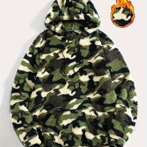 Men's Plush Camouflage Hooded Sweatshirt for Autumn and Winter, Casual Warm Sweatshirt for Daily Leisure and Outdoor Sports