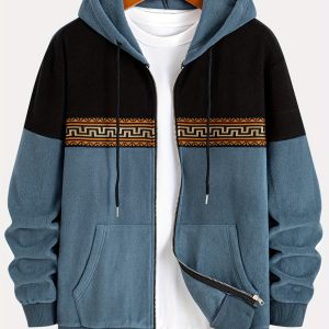 Men's Trendy Vintage Ethnic Weave Tape Fashion Color-Block Hooded Sweatshirt Warm Casual Hoodie Jacket