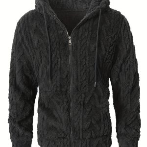 Casual Hooded Winter Jacket | Men'S Solid Color Full-Zip Hoodie with Striped Pattern, Regular Fit, Suitable for Daily & Casual Wear