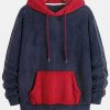 Men’S Fleece-Lined Hooded Sweatshirt in Dark Blue for Autumn And Winter, Featuring an Ethnic Style, Diamond Jacquard Sleeves, a Kangaroo Pocket with Contrasting Colors, And a Loose, Warm Design Suitable for Couples on Instagram.