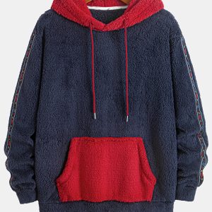 Men'S Fleece-Lined Hooded Sweatshirt in Dark Blue for Autumn And Winter, Featuring an Ethnic Style, Diamond Jacquard Sleeves, a Kangaroo Pocket with Contrasting Colors, And a Loose, Warm Design Suitable for Couples on Instagram.