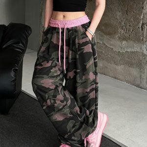 Women's Vintage Wide-Leg Camo Pants with Pink Camo & Colorblock Design - Wide-Leg Trousers, Wide Pants Suitable for - Wear, Machine Washable Y2K Aesthetic Outfits