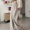 Elegant Casual Women’S Straight Leg Wide-Leg Pants | High Waist, Stretch Fabric, Solid Color, Button Details, Suitable for Autumn and Winter