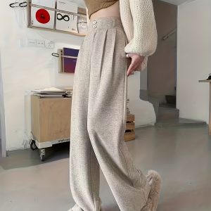 Elegant Casual Women'S Straight Leg Wide-Leg Pants | High Waist, Stretch Fabric, Solid Color, Button Details, Suitable for Autumn and Winter