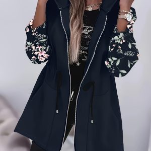 Plus Size, Women's Plus Size Elegant Floral Print Jacket - Black with Zipper Front Closure, Long Sleeve Non-Stretch Coat, Mid-Length Formal & Casual Outerwear for Everyday Special Events, Ladies Jacket, Versatile Clothing, Sophisticated Design, Detailed Cuffs