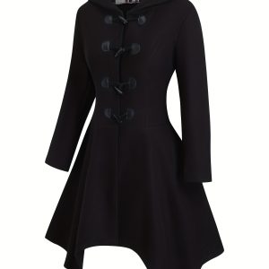 Plus Size, European and American Women's Plus Size Hooded Horn Button Fashion Elegant Long Sleeve Coat