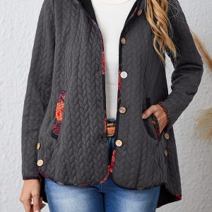 Plus Size - Women'S Vintage Paisley Patterned Button-Up Zip-Up Hooded Jacket - Navy Blue Contrasted with Red Plaid, Featuring Pockets And a Mid-Length Design, Perfect for Autumn